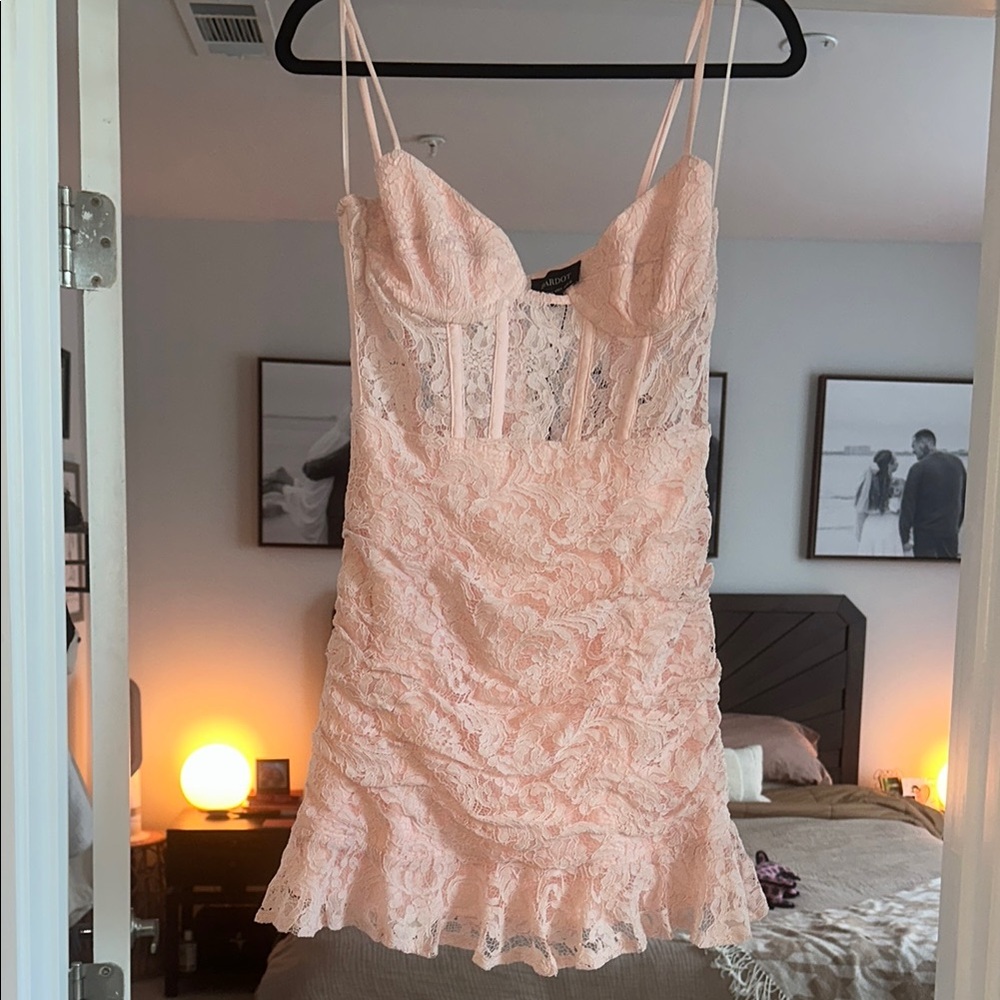 Bardot Lace Mini Dress in Soft Pink